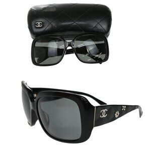 CHANEL CC Logo Sunglasses Eye Wear Rhinestone Plastic Black